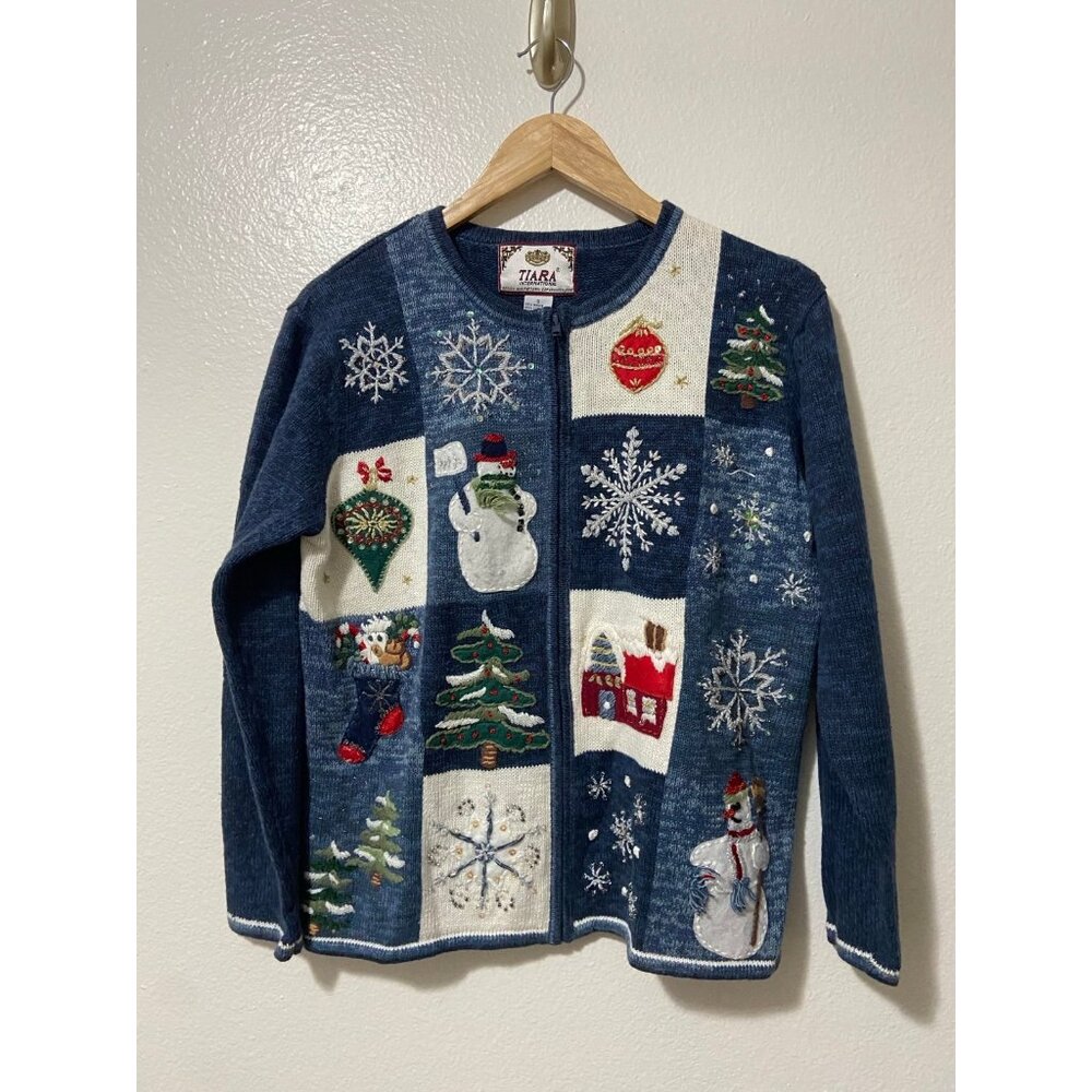 Vintage Tiara International Women's Blue Snowman Holiday Winter Sweater‎ Small